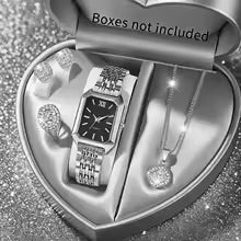 5PCS/Set Elegant Rectangle Women Watches Fashion Roma Dial Ladies Quartz Wristwatch Rhinestone Jewelry Set