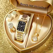 5PCS/Set Elegant Rectangle Women Watches Fashion Roma Dial Ladies Quartz Wristwatch Rhinestone Jewelry Set