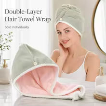 Double Layer Coral Fleece Hair Drying Cap for Women Absorbent Hair Towel Wrap Button Turban Soft Bath Head Towel for Bathroom