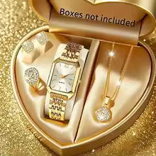 5PCS/Set Elegant Rectangle Women Watches Fashion Roma Dial Ladies Quartz Wristwatch Rhinestone Jewelry Set